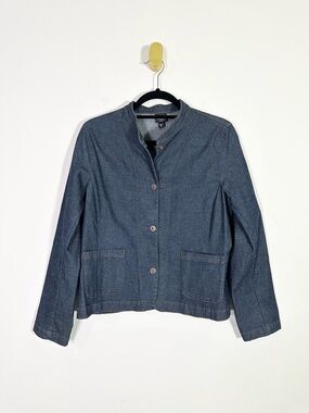 Eileen Fisher Lightweight Blue Denim Collarless Jean Jacket